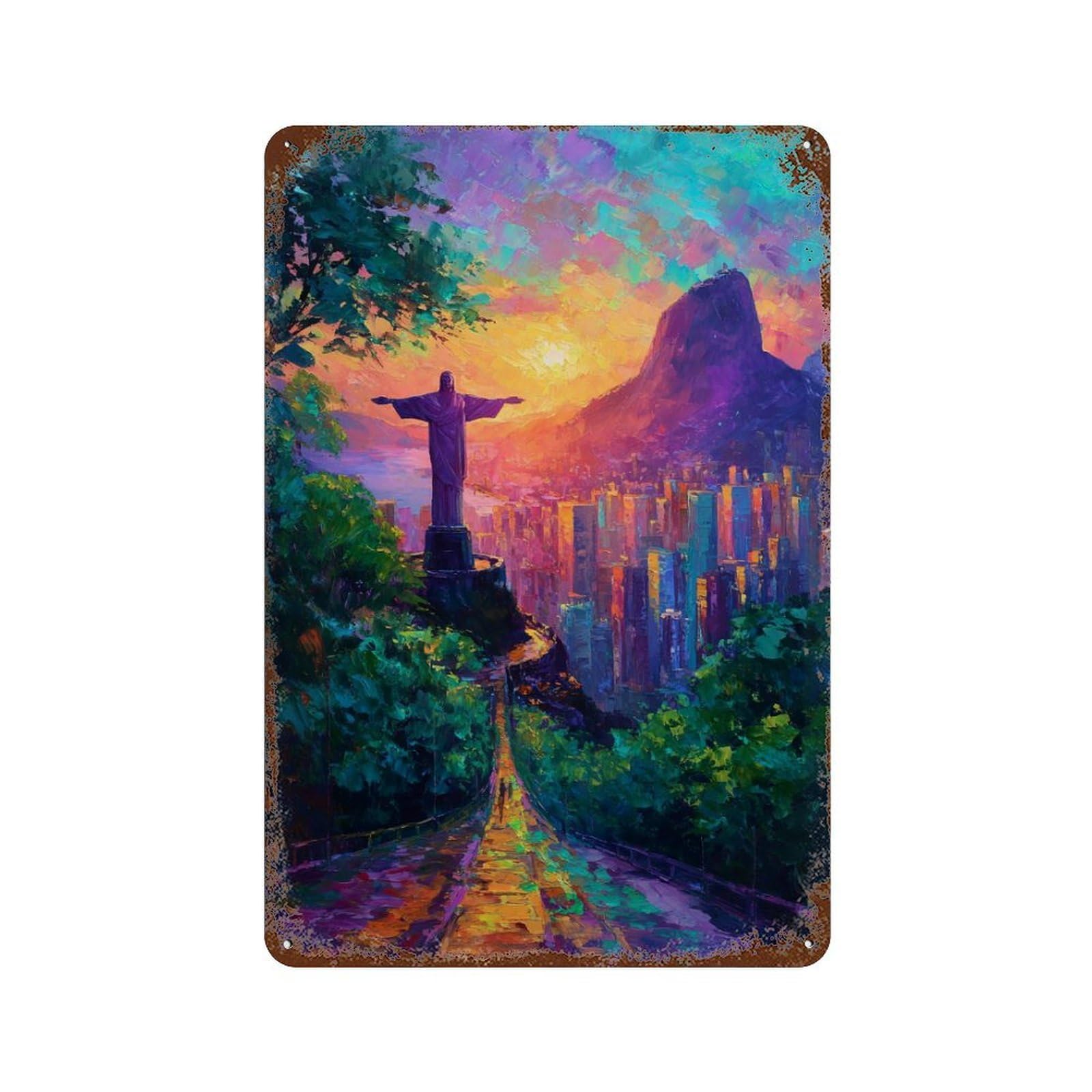 Christ The Redeemer Sunset Vintage Metal Tin Sign 11.8"x7.9", Farmhouse Wall Decor for Garage, Bar And Workshop Decor