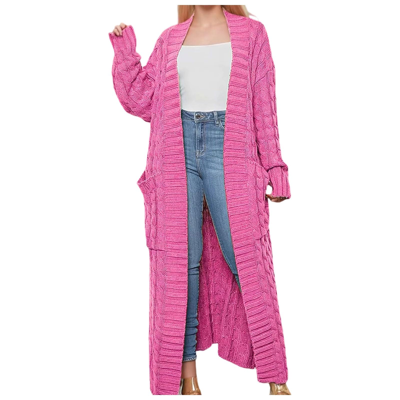 Cardigan Long Ouvert Femme Maille Torsadée Épaisse Grand Col Revers Poches Latérales Manches Longues Veste Tricot Confortable Tenues Automne Hiver Quotidiennes