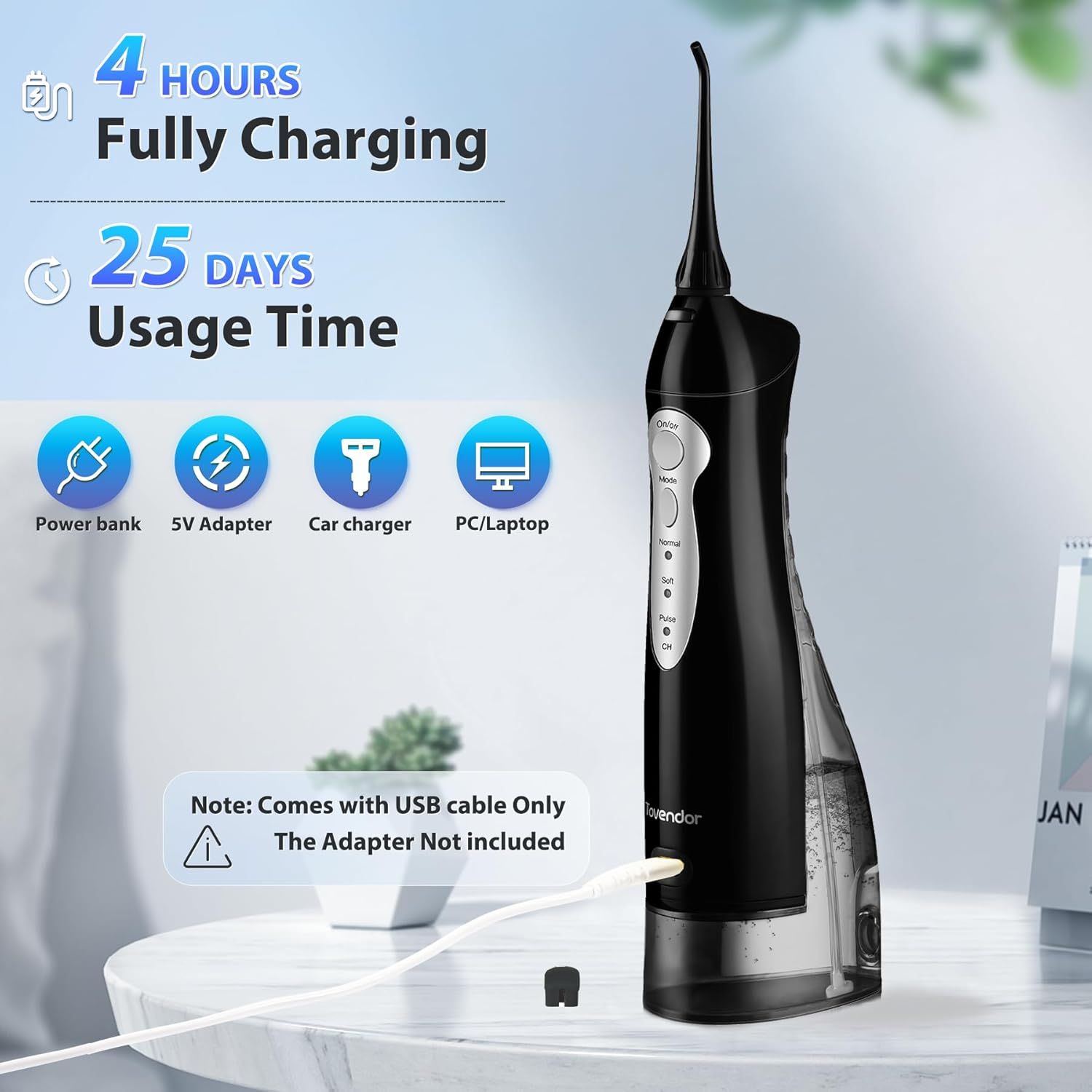 TOVENDOR Electric Water Dental Flosser Teeth Pick, Cordless Flossers Oral Irrigator IPX7 Waterproof 300ML Rechargeable Travel Water Teeth Cleaner with 5 Tips for Home Braces Care Gums Deep Cleaning