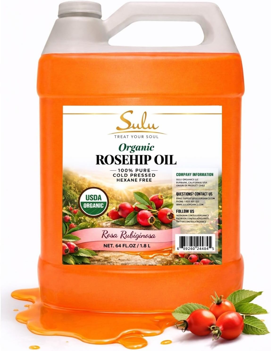 SULU ORGANICS 64 FL.OZ- 100% Pure Certified Organic Unrefined Extra Virgin Rosehip Oil