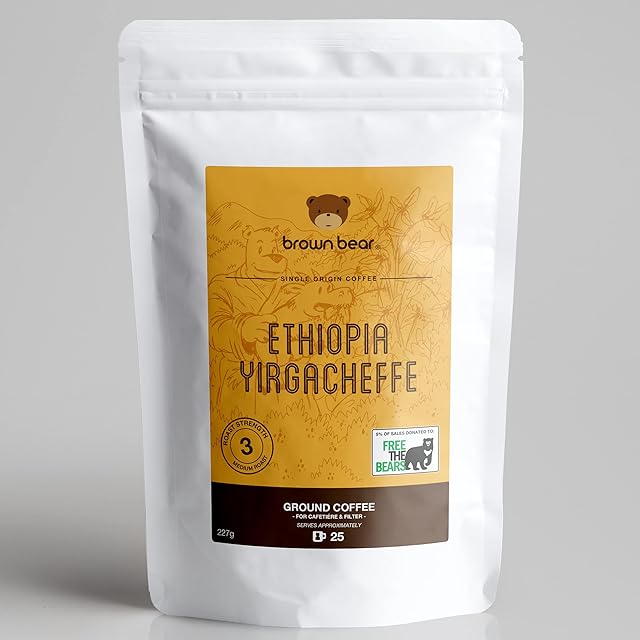 Ethiopia Yirgacheffe Ground Coffee 227g - For French Press Cafetiere Filter Drip V60 Aeropress - Medium Roast - Strength 3 - Brown Bear Ethiopian Coffee - Donation to Free The Bears