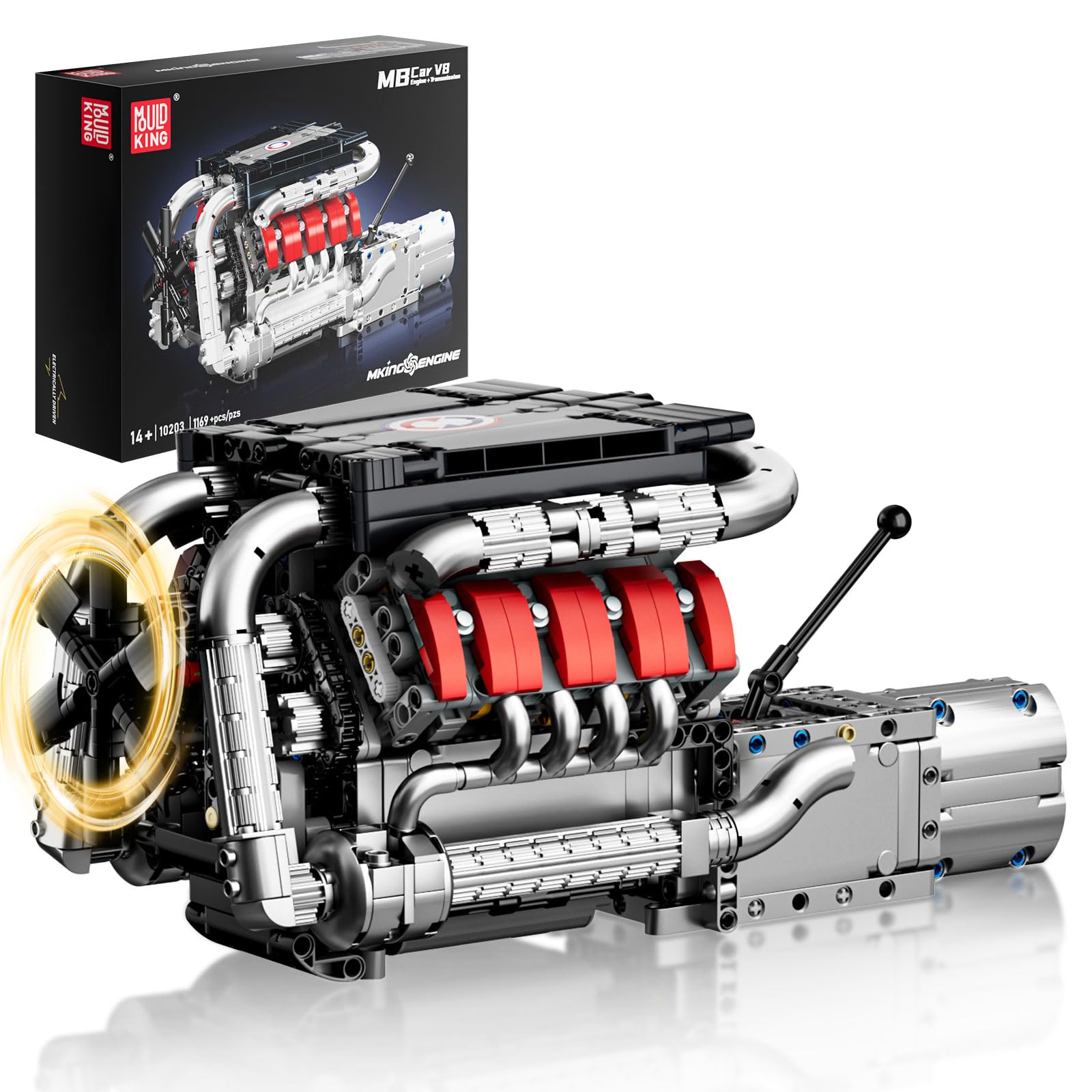 Mould King 10203 Technik V8 Motor Bausatz Bausteine Bausteine M8 Motorbauatz Klemmbausteine Simulación Motor con Funcional Auto Engine Kit para Adultos (1169 Piezas)