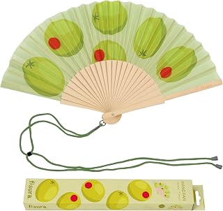 Fisura – Handfächer mit Olivenmuster. Moderner Fächer aus Holz in Grün, leicht und stabil, inklusive Trageschlaufe, stylisches Sommeraccessoire, Geschenkidee für Strand und Urlaub, 42,5 x 23 cm