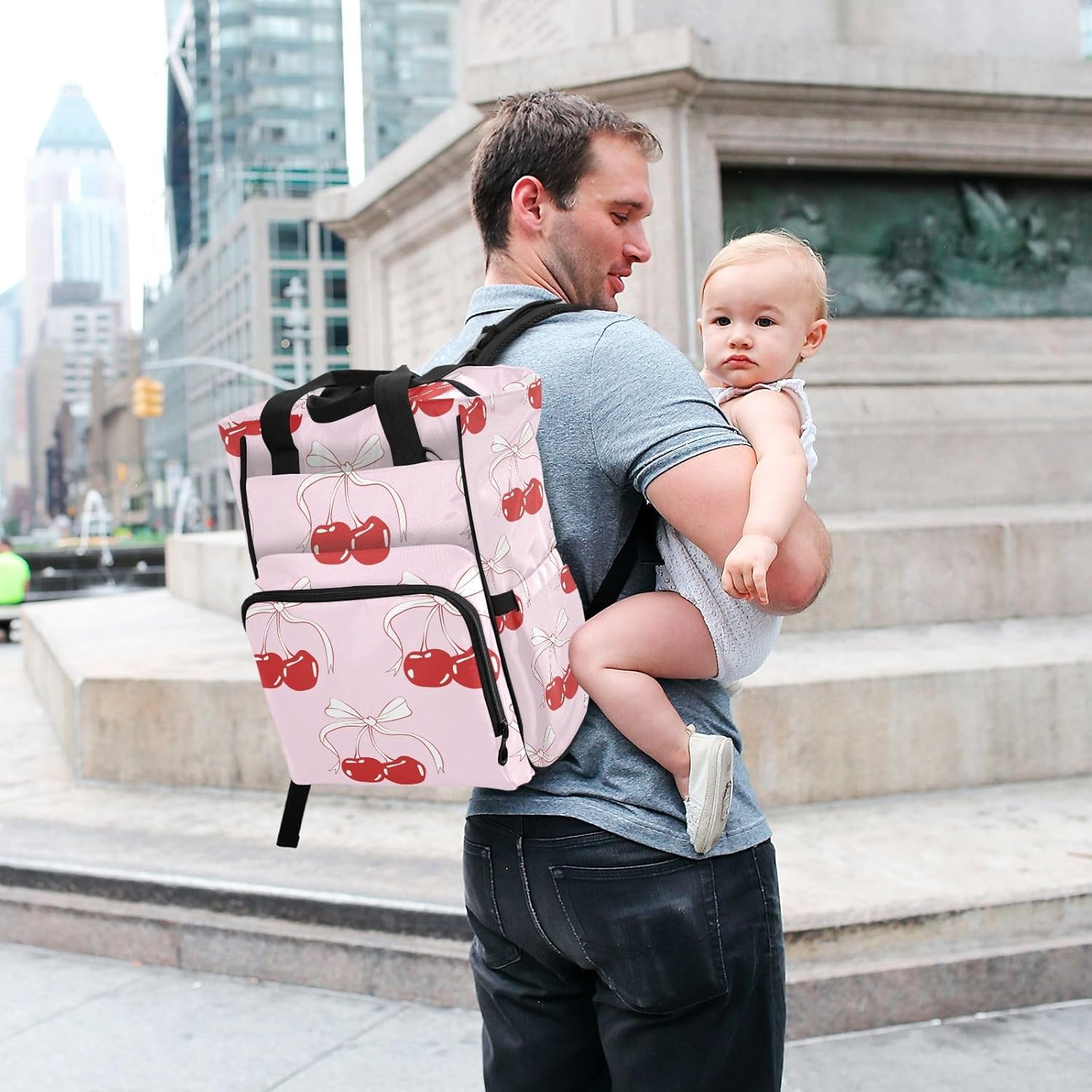 OTVEE Cherry Bow Tie Ribbon Diaper Bags Backpack for Mom Dad, Multi-functional Diaper Nappy Bag Travel Back Pack,Waterproof Maternity Changing Bag Baby Stuff