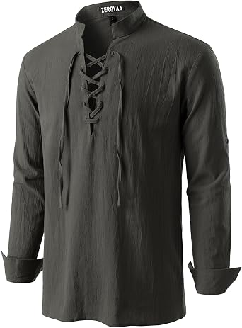 ZEROYAA Mens Medieval Vintage Long Sleeve Lace Up Shirt Renaissance Costume for Halloween Viking Pirate Cosplay
