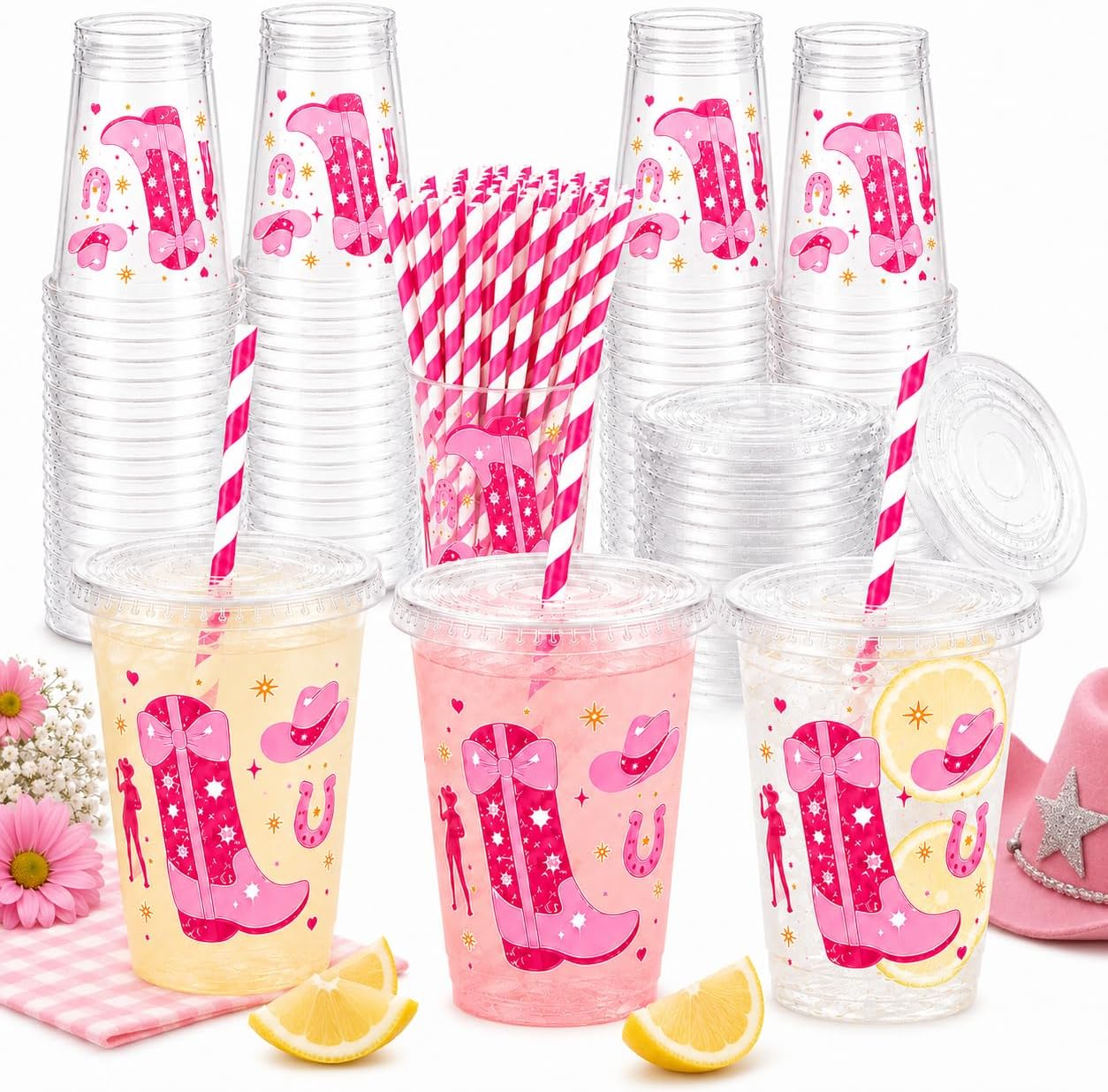 Cowgirl Birthday Party Cups with Lids and Straws, 50 Sets 12oz Pink Western Party Cups for Girls, Cowgirl Birthday Decorations, Pink Rodeo Party Supplies for Drinks