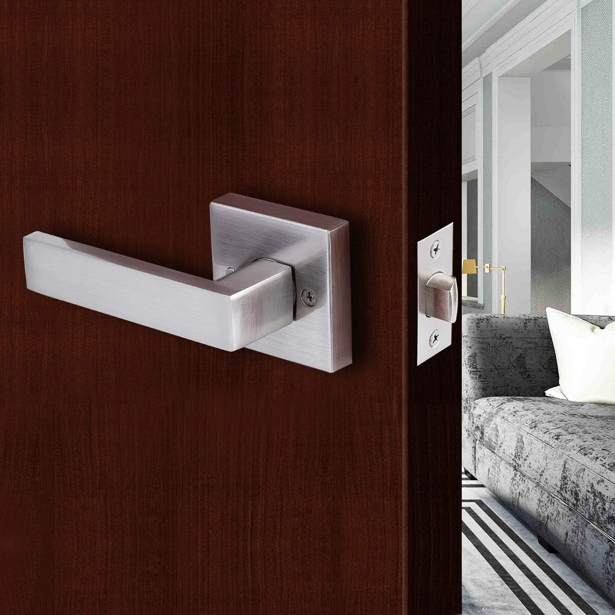 Passage Door Lever Satin Nickel Square Interior Door Handle, Hall and Closet Lockset Handleset，Heavy Duty Non-Locking Lever Set for Left or Right Handing.