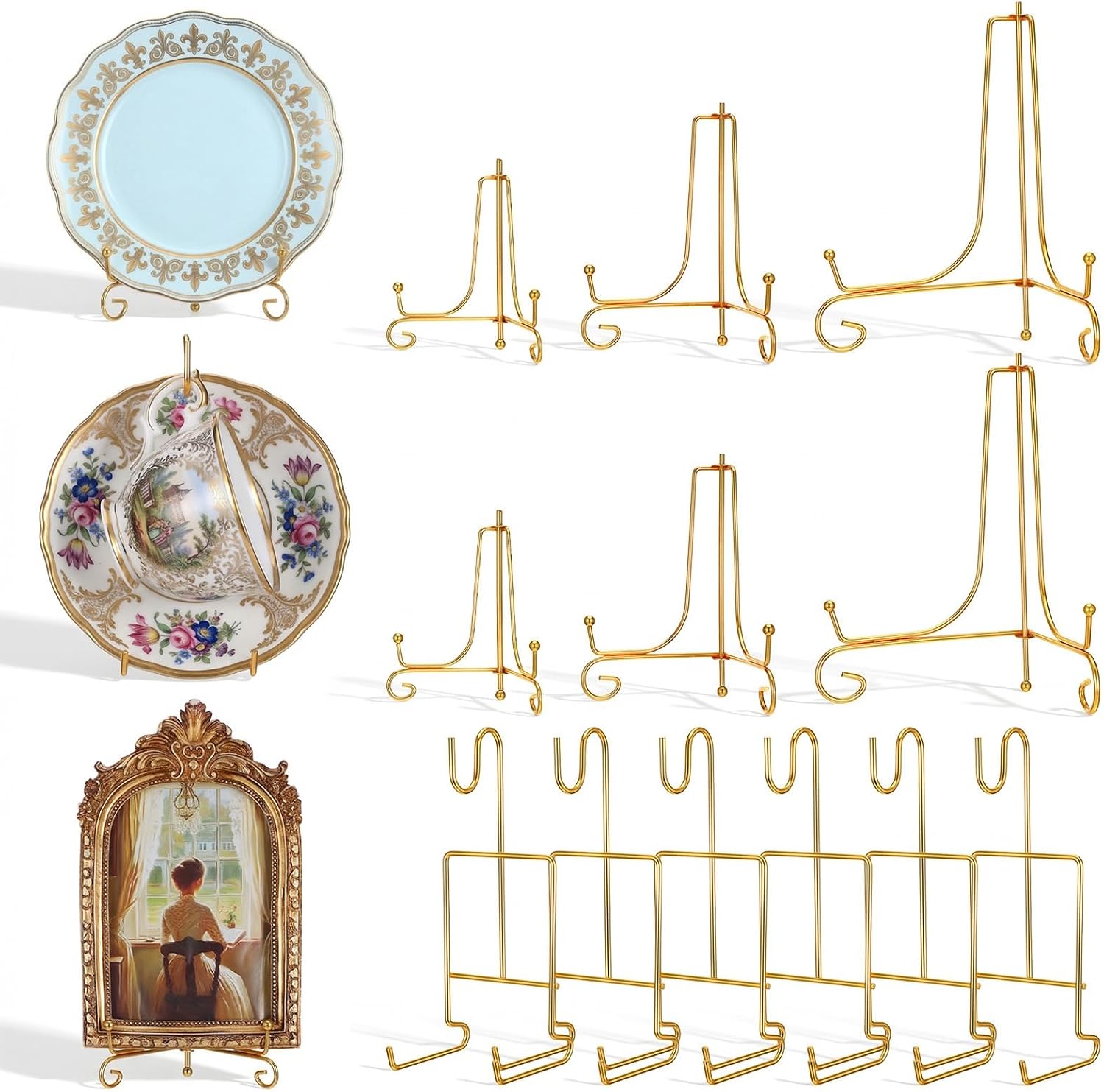6 Pcs 3 Size Gold Plate Stands for Display, 4 6 8 Inch Plate Holder & 6-Cup and Saucer Display Stand for Displaying Picture Frames, Book, Card, Bowl, Decorative Plates