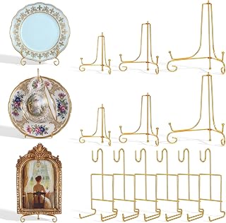 6 Pcs 3 Size Gold Plate Stands for Display, 4 6 8 Inch Plate Holder & 6-Cup and Saucer Display Stand for Displaying Picture Frames, Book, Card, Bowl, Decorative Plates