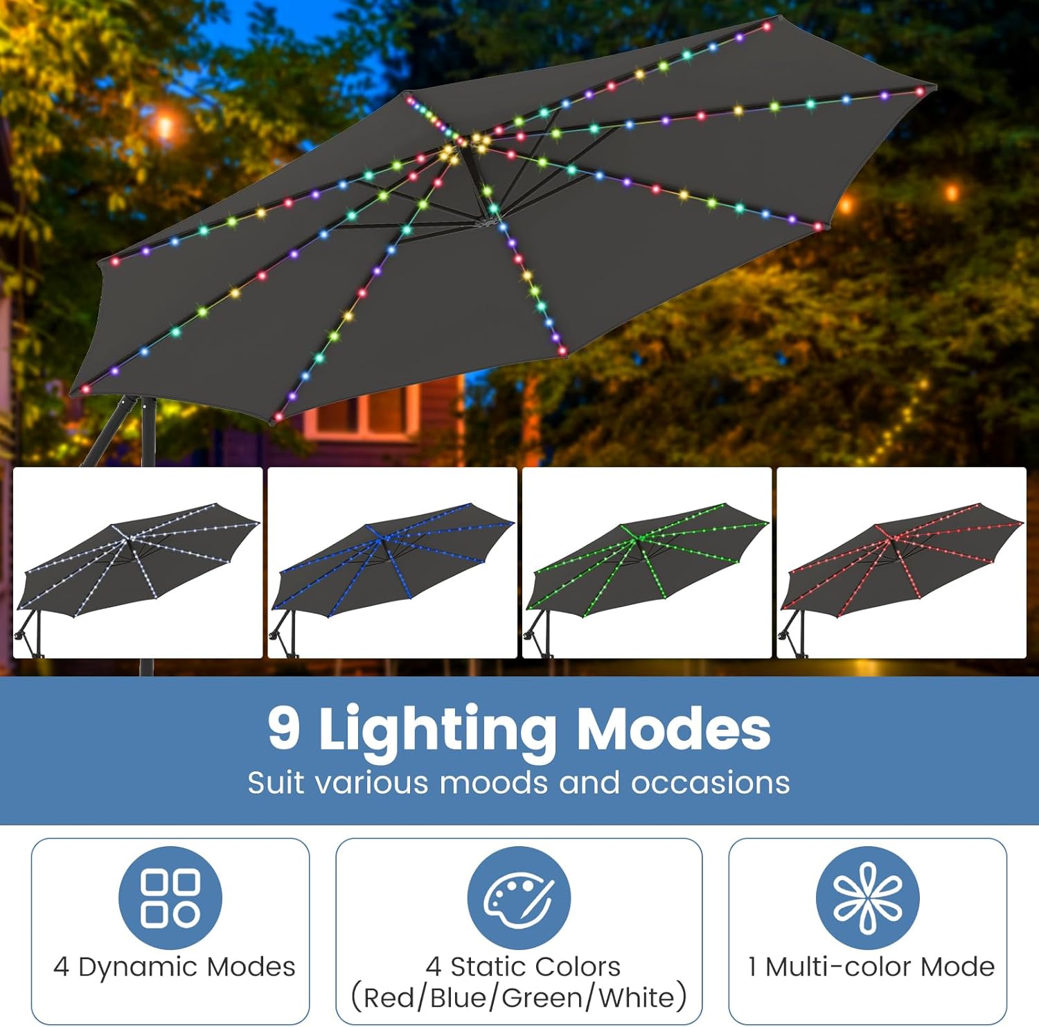 Tangkula 10 FT Solar Patio Umbrella with Base Included, Cantilever Offset Hanging Outdoor Umbrella with 96 Multi-Colored Flowing LED Lights, 9 Modes, Tilt Adjustment, 360° Rotation, Crank for Pool Yard Deck Lawn (Gray)