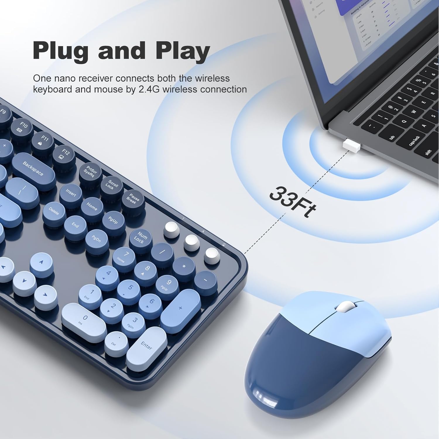 Wireless Keyboard and Mouse Combo, 2.4GHz Gradient Colorful Full-Size Retro Typewriter Keyboard with Wireless Mouse for PC/Desktop/Laptop/Windows (Azure Blue)