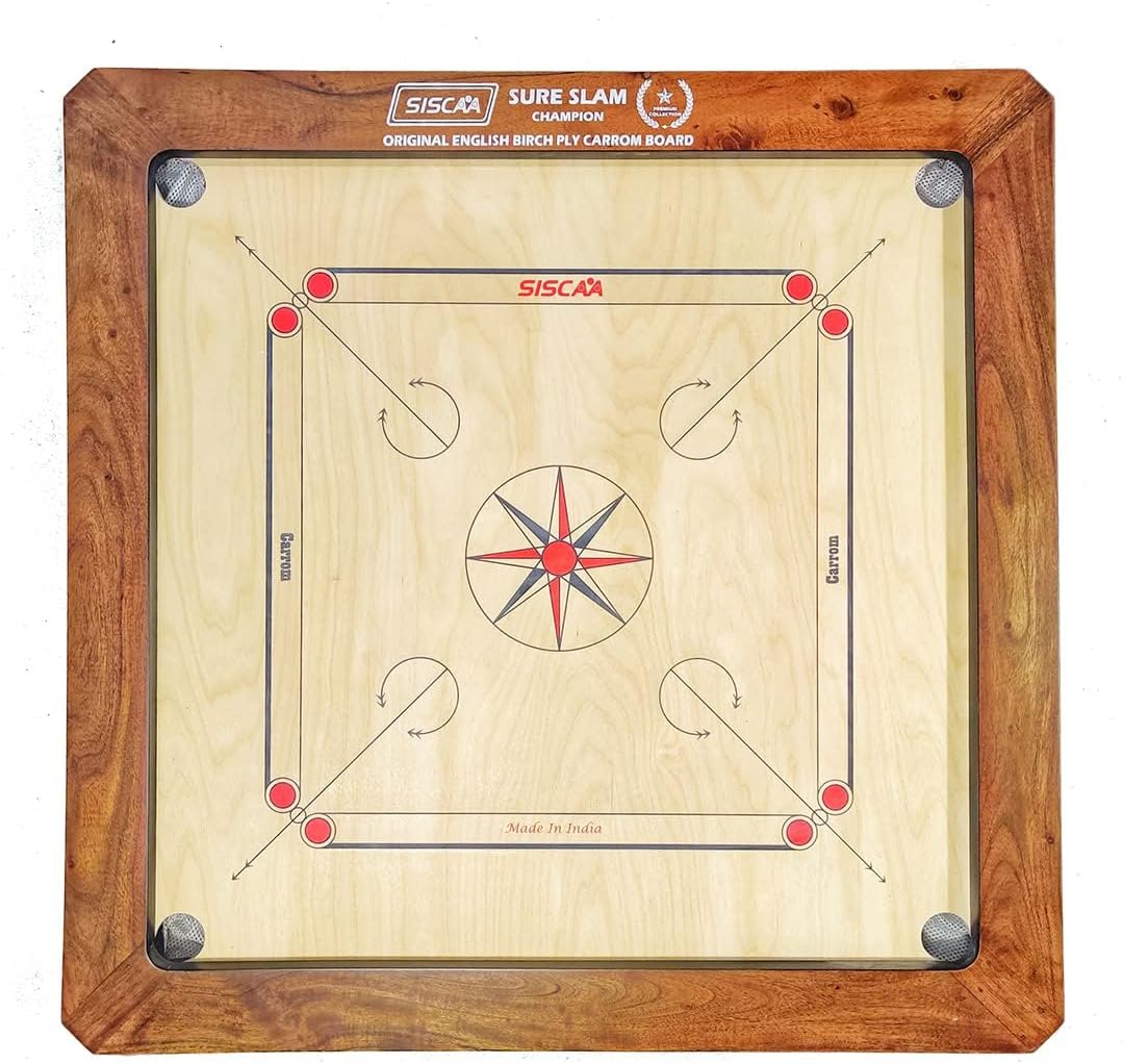 SISCAA Champion Sure Slam Premium Carrom Board 20Mm Fast English Birch Ply Best Carrom Board (Includes Sureslam Coin Set and Genius Striker), Kid, Brown