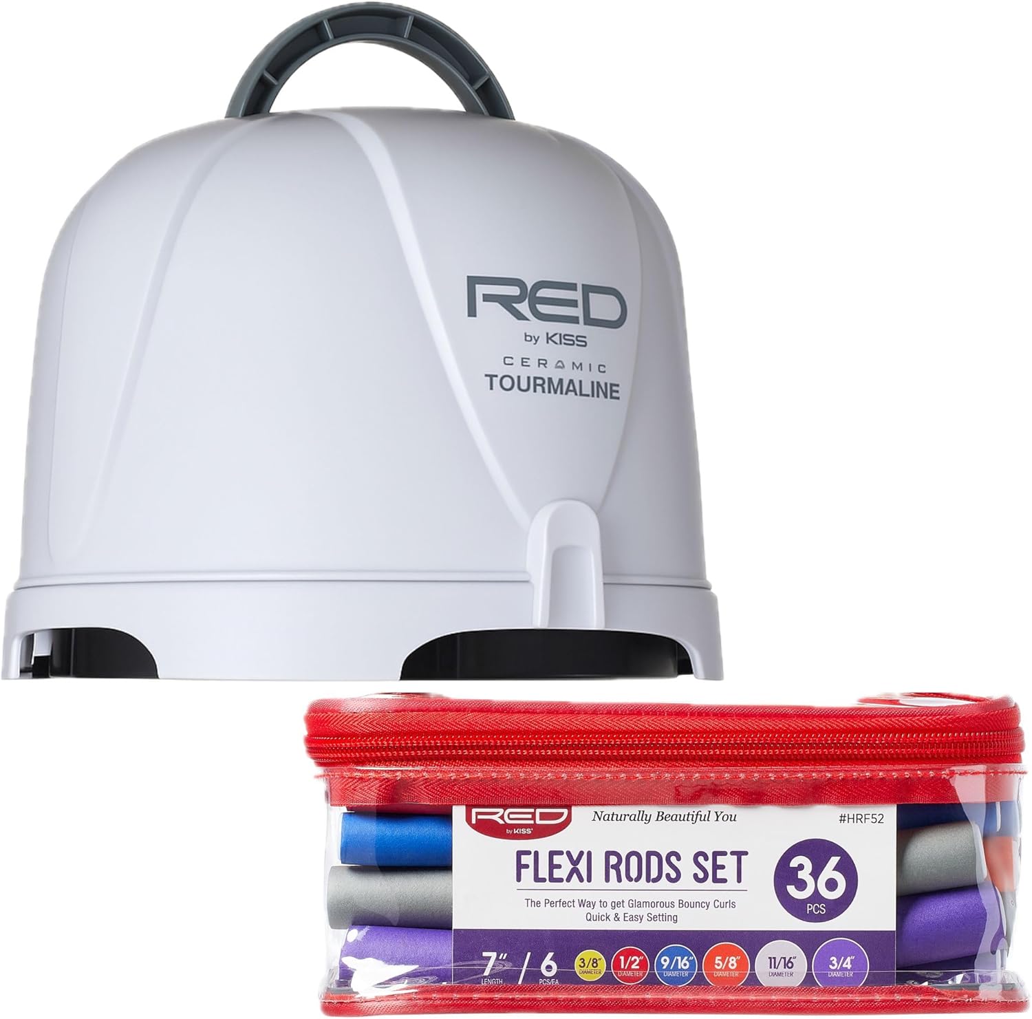 Red by Kiss 3000 Ceramic Tourmaline Professional Hood Dryer with 36PCS Flexi Rods Set – Adjustable Height Blow Dryer + No Heat Hair Curlers for Home & Salon Styling