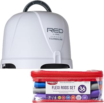 Red by Kiss 3000 Ceramic Tourmaline Professional Hood Dryer with 36PCS Flexi Rods Set Adjustable Height Blow Dryer + No Heat Hair Curlers for Home & Salon Styling