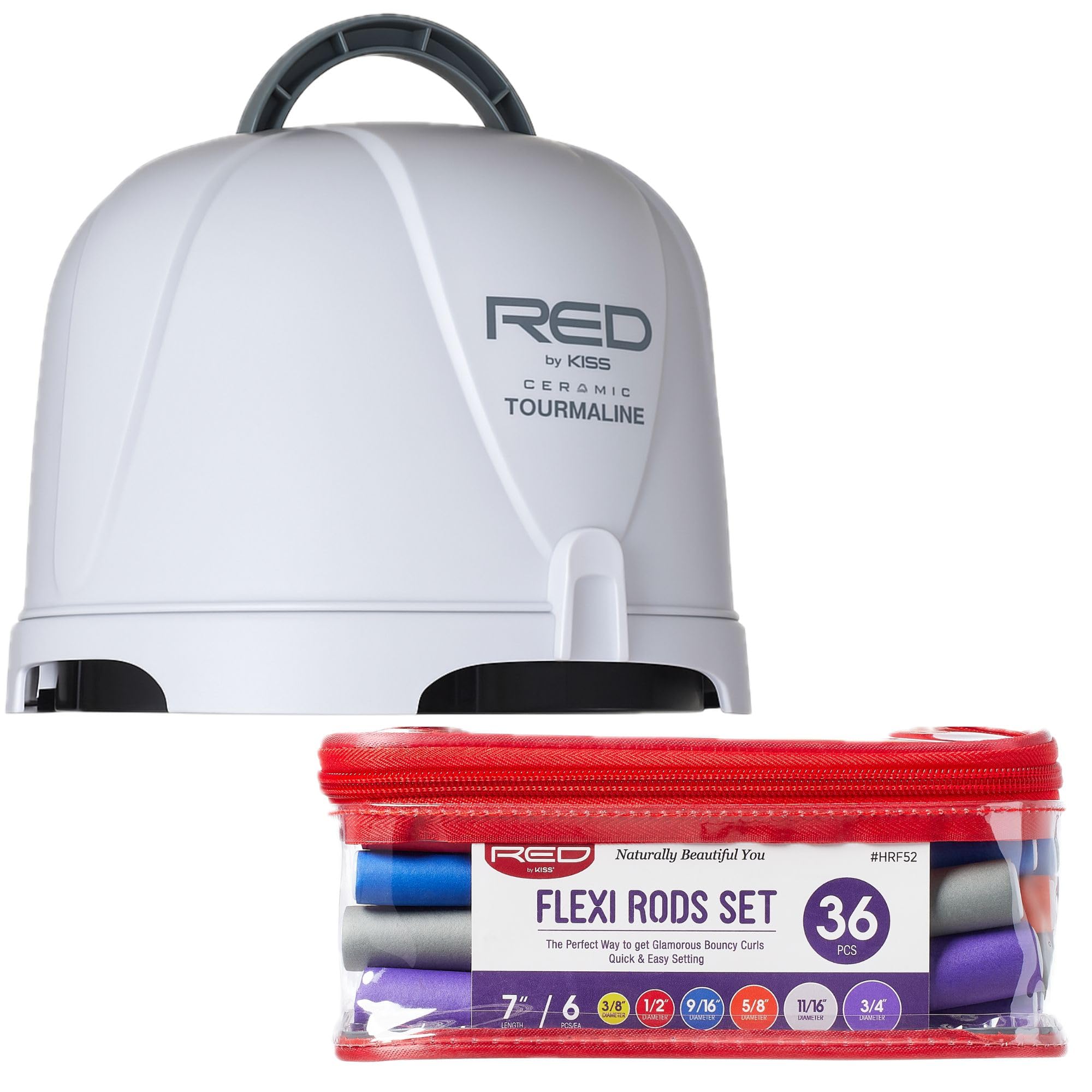Red by Kiss 3000 Ceramic Tourmaline Professional Hood Dryer with 36PCS Flexi Rods Set – Adjustable Height Blow Dryer + No Heat Hair Curlers for Home &
