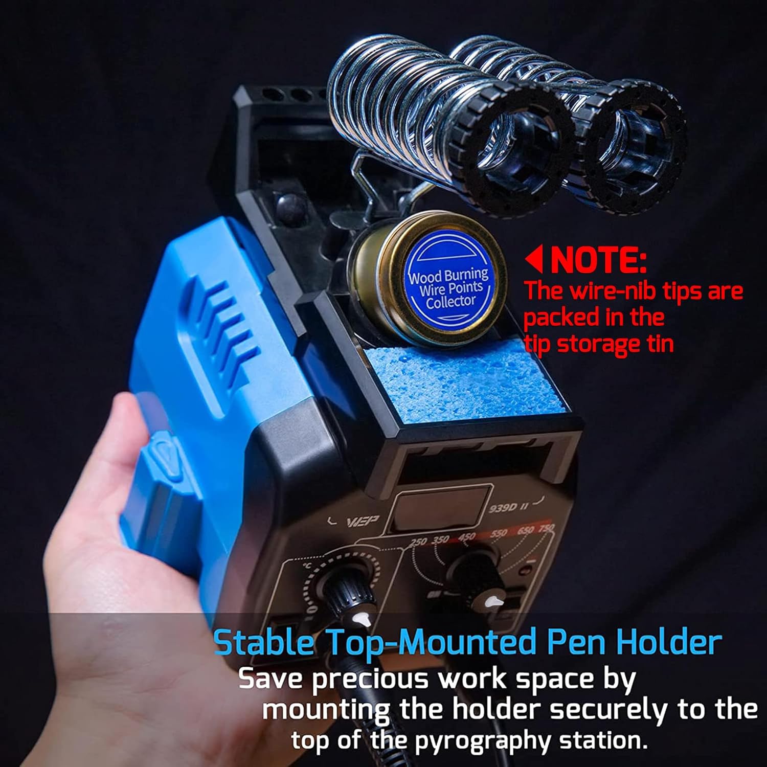 Top-mounted pen holder on the WEP 939D-II Pyrography Station