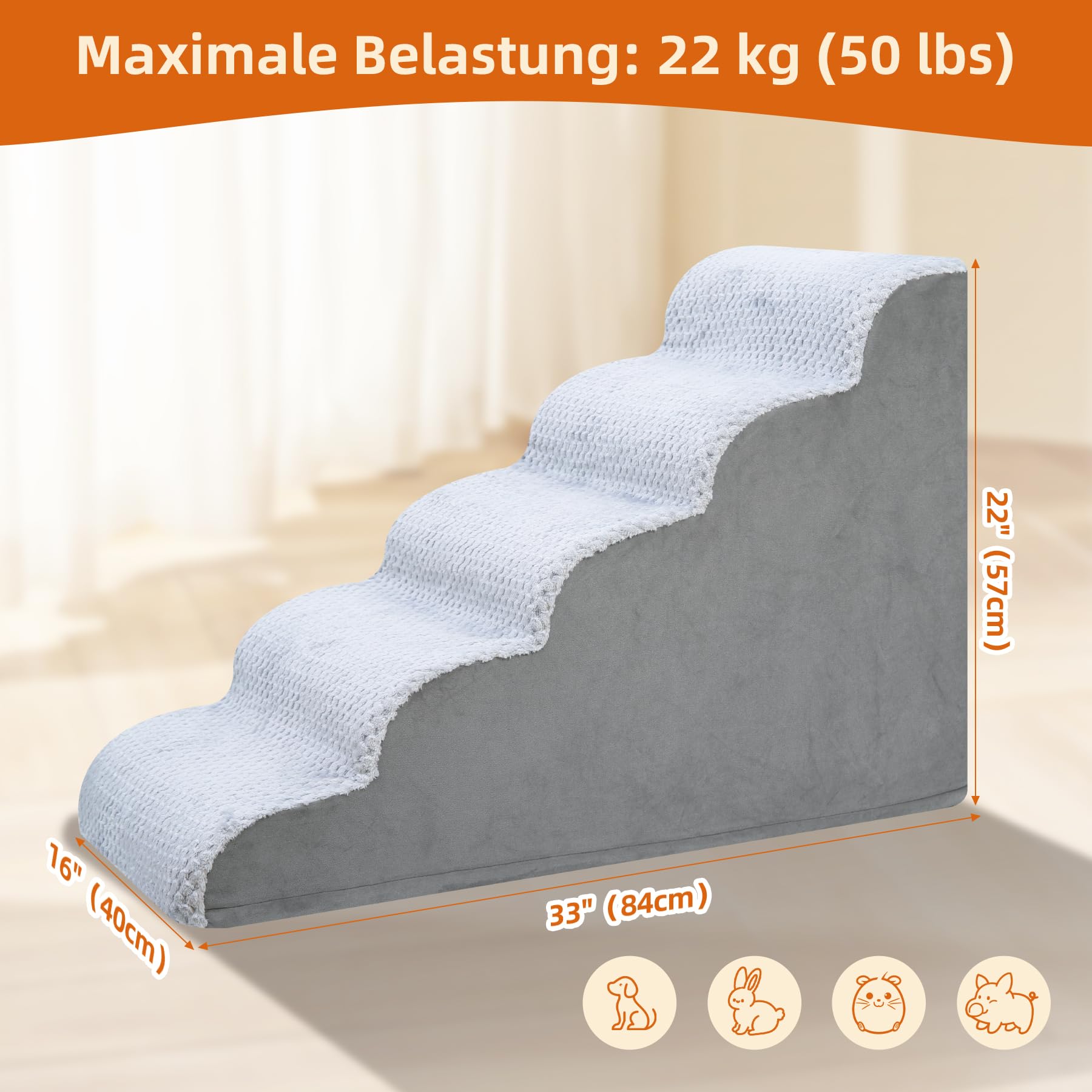 KSIIA Hundetreppe 5 Stufen, 57.5cm Hoch Haustiertreppe Hundetreppe für Kleine Hunde, Katzentreppe Hunderampe mit Waschbar Bezug für Bett, Couch, Sofa und Auto, 40x84x57.5cm, Grau