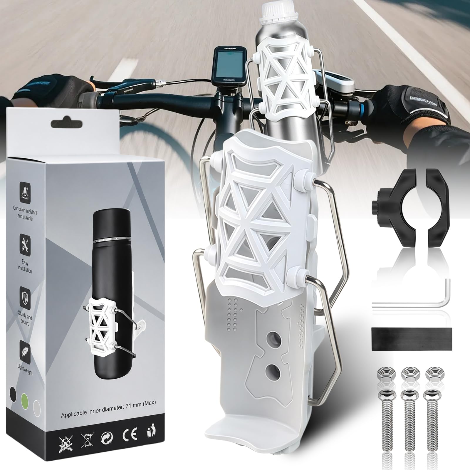 Adjustable Bike Cup Holder Motorcycle Drink Holder, Bike Bottle Holder for Bicycle, Motorcycle, ATV, Scooter, Boat, Universal Fit Cup Holder for Bike, 360° Rotating Handlebar Mount White