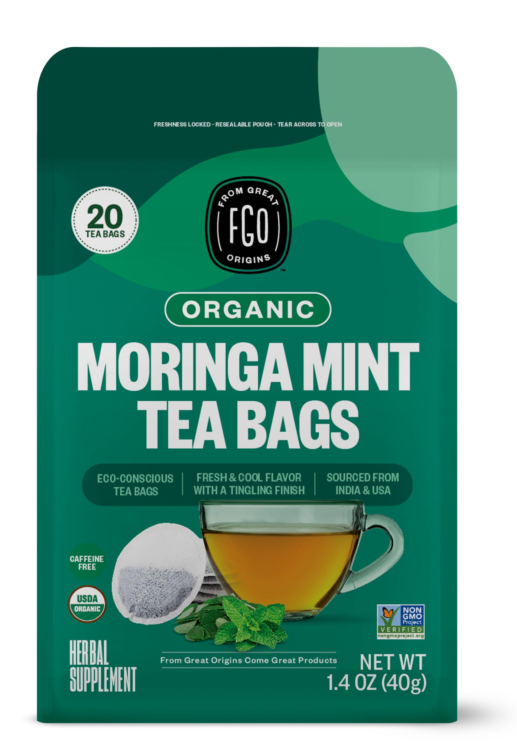 FGOOrganic Moringa Mint Tea, 20 Count, Eco-Conscious Herbal Tea Bags, Resealable Bag, Caffeine Free, Packaging May Vary (Pack of 1)USDA Organic