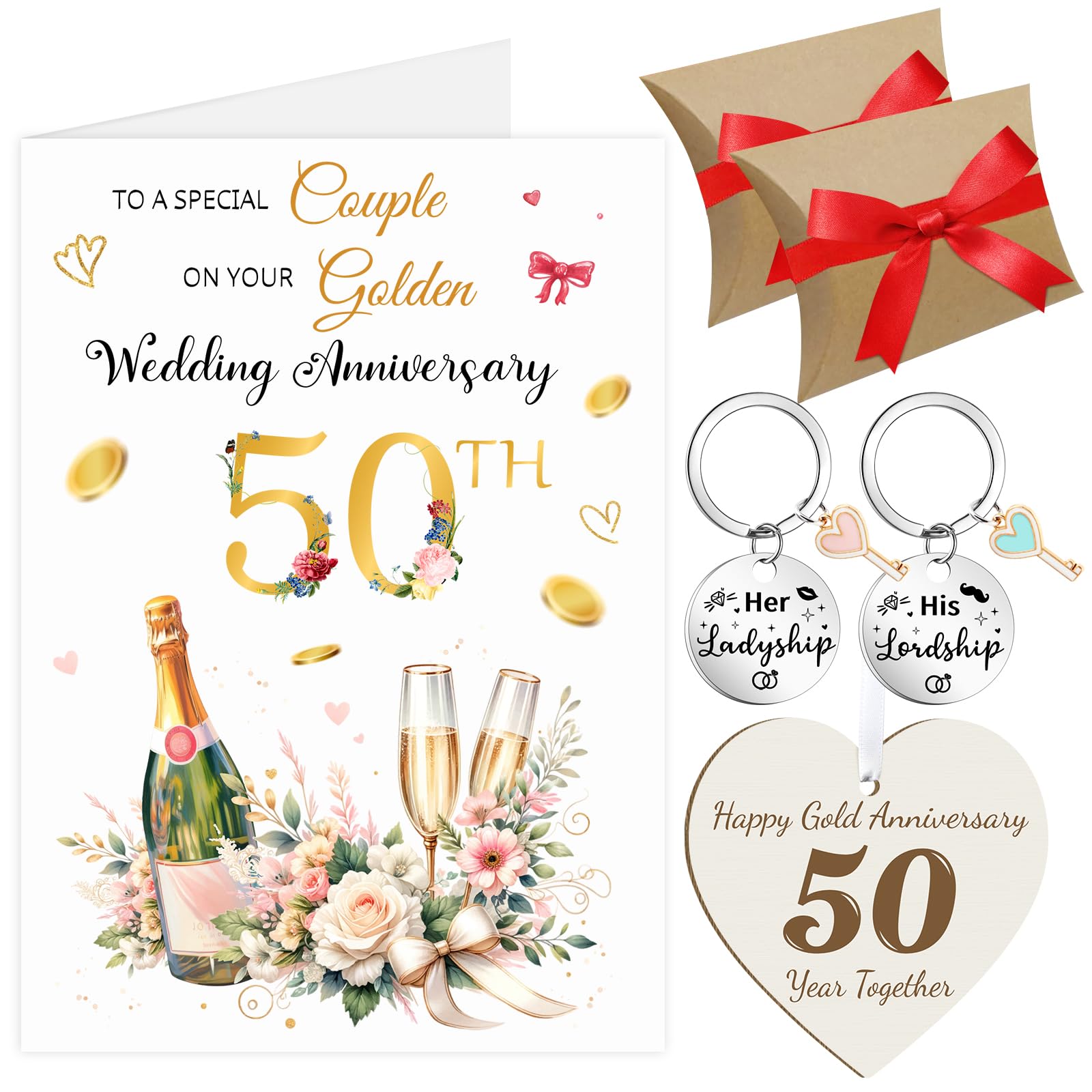 Epaing 50th Wedding Anniversary Card for Couple Set, Greeting Golden Wedding Gifts for Husband Wife, Include Happy Anniversary Card, Keyrings, Gift Boxes, Hang Tag, Envelope and Ribbons(50 Years)