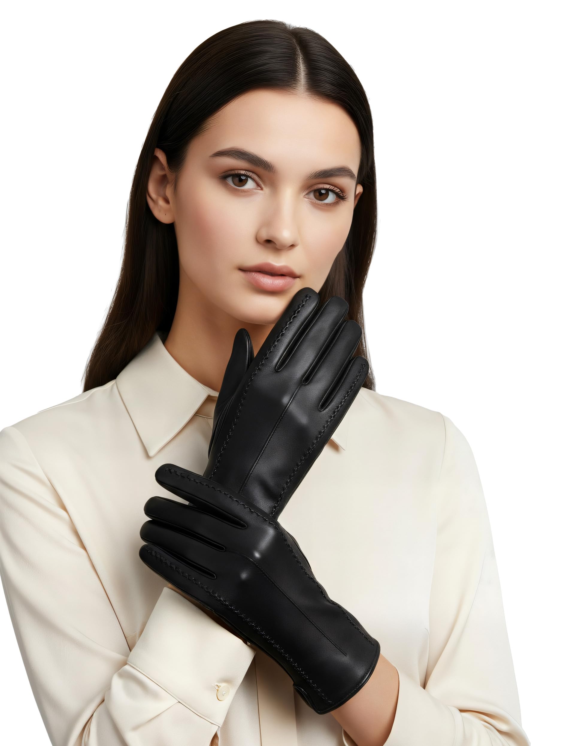 Vivisence Women Winter Leather Gloves Genuine Leather Wool Lined Warmth, Black,M
