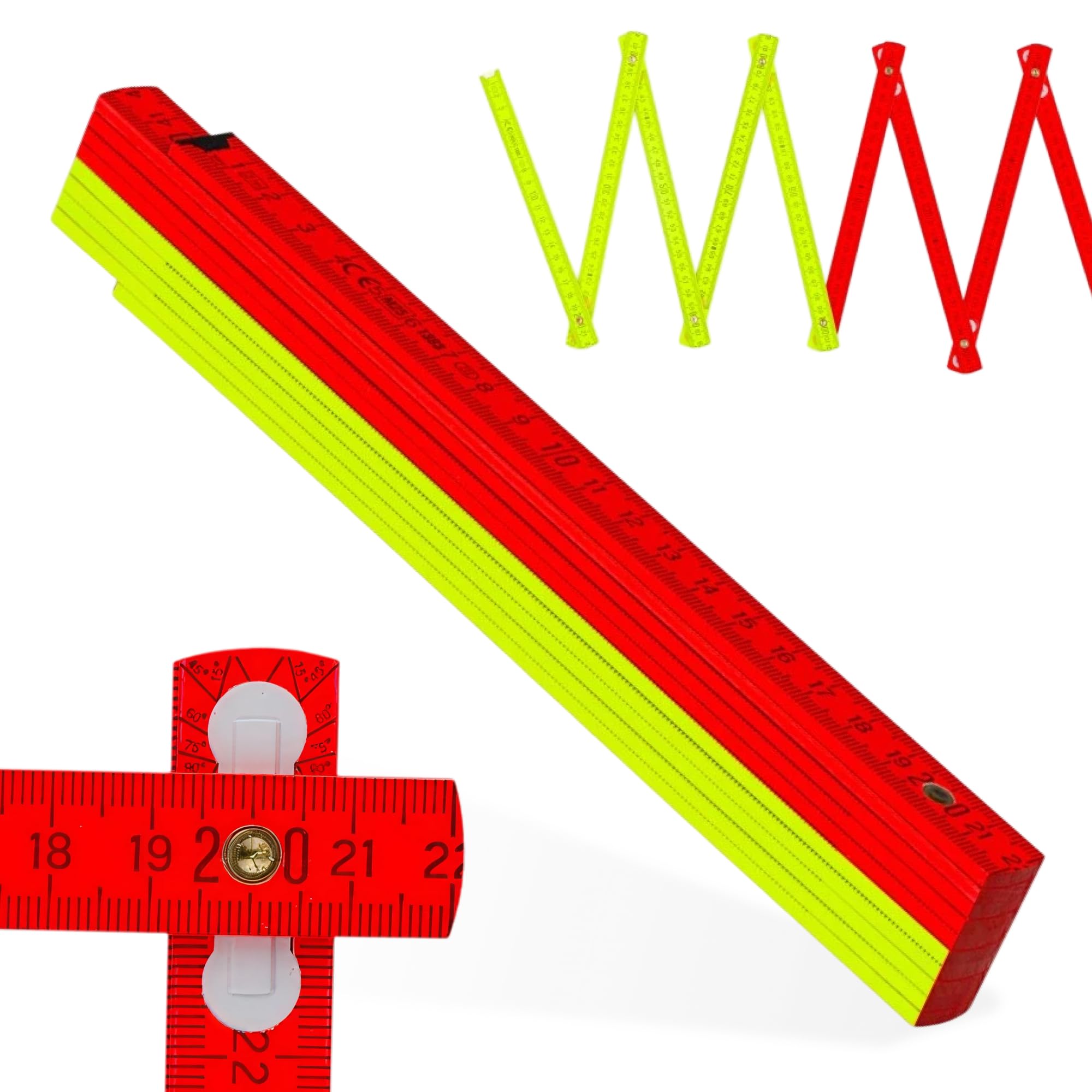 Metrie™ Zollstock – Gliedermaßstab 2m | Meterstab, Maßstab - NEON GELB-ROT - Duplex Teilung, Hergestellt in der EU | Robuster & Präziser Holz-Gliedermaßstab | für Handwerker, DIY | BLOCK 72-1 Stück