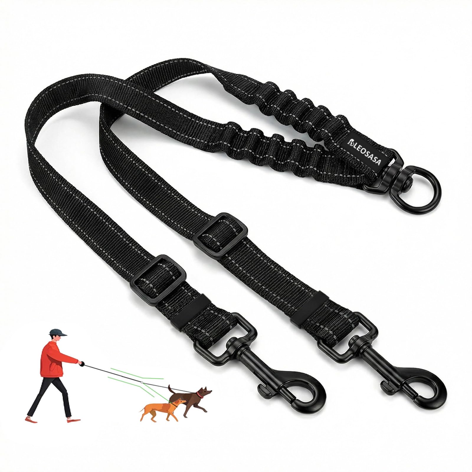 LEOSASA Double Dog Leash for 2 Dogs - No Tangle 360°Swivel Splitter with Reflective Stitching, Adjustable Length and Stretchy Shock-Absorbing Comfort, for Small/Medium Dogs Walking Training (L（2.5cm）) - 2