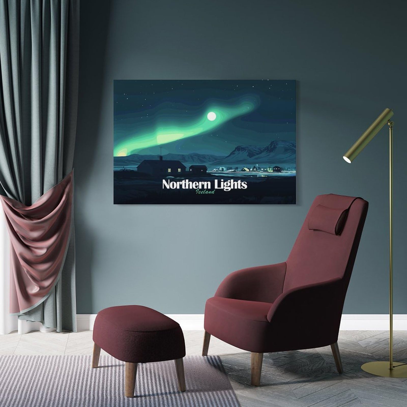 Junmoney Frame-Style-3-2 Northern Lights In Iceland Canvas Wall Picture, 12X18inch(30X45cm), For Study, Office Or Focused Interiors, Home Office Artwork With Decorative Appeal