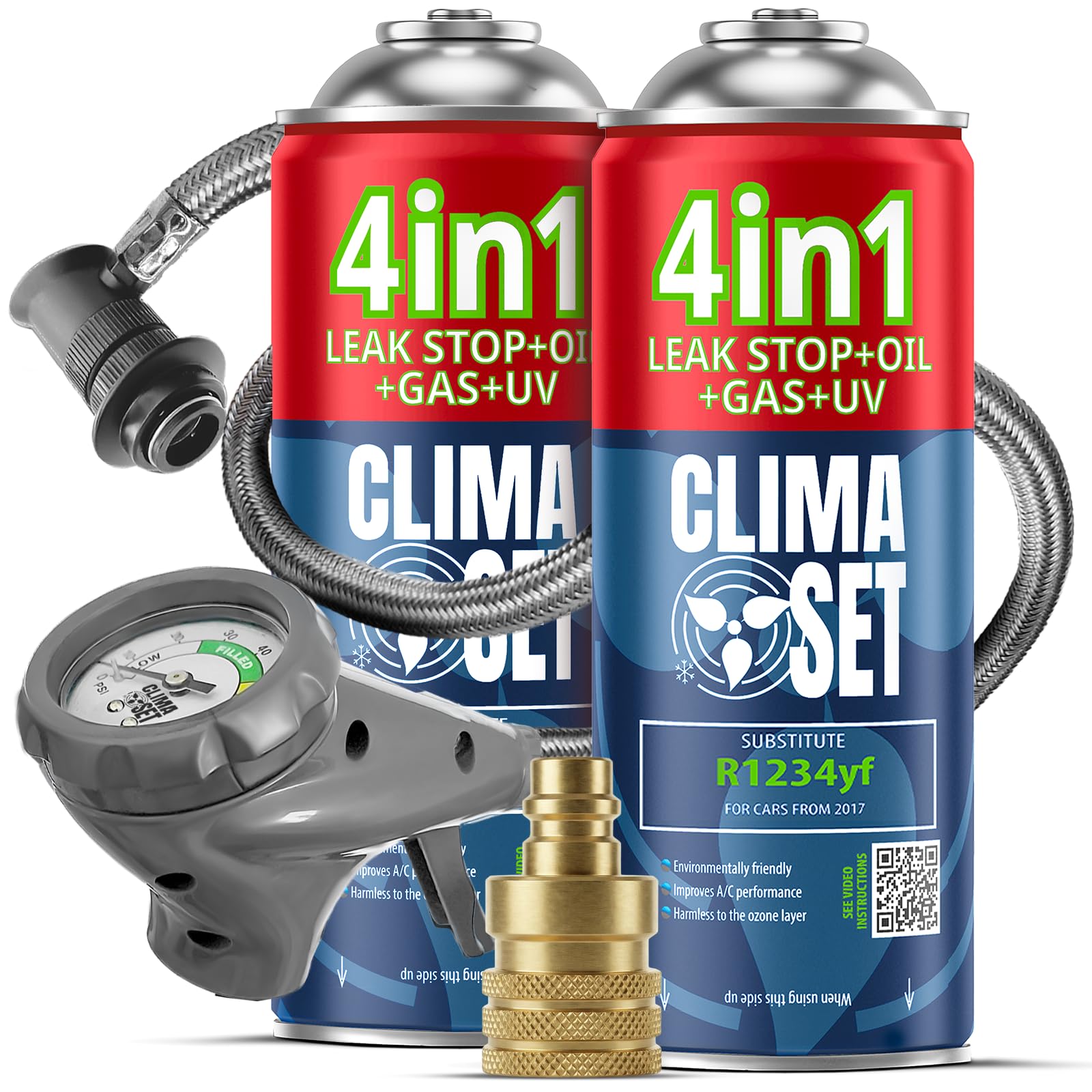 CLIMASET - Automotive AC Recharge Kit - 2x Refrigerant & Oil R1234yf + Hose + YF Adapter - For Vehicles After 2016, Featuring a Modern Ergonomic Hose with Pressure Gauge