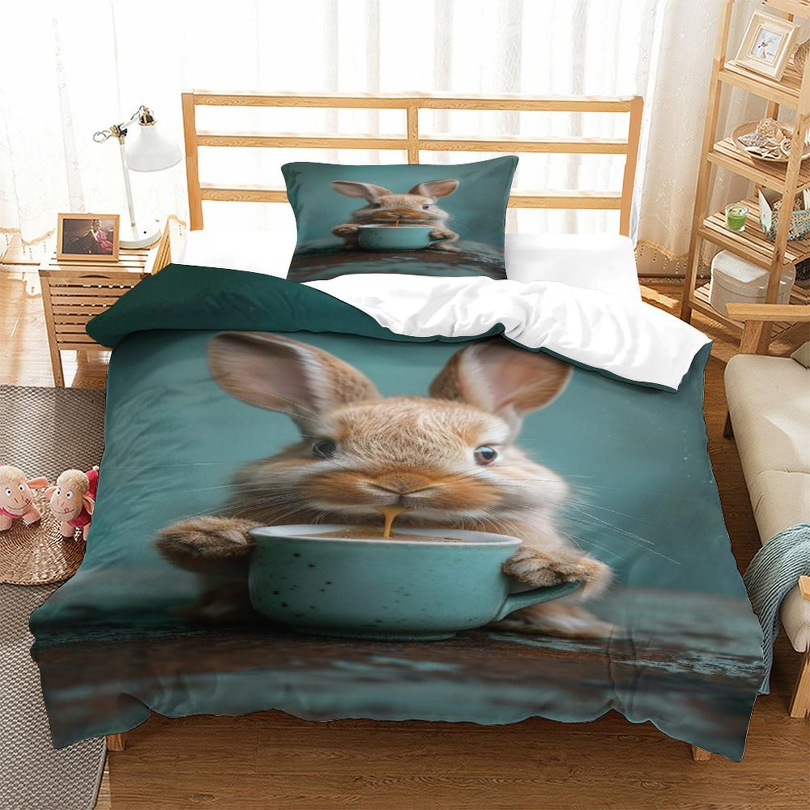 P1S9U7W5Y Adorable Rabbit 3D Printed Duvet Cover Set 3 Pieces Microfiber Skin-Friendly Bedding Set Bedroom Decor for Adults Teens Single（135x200cm）
