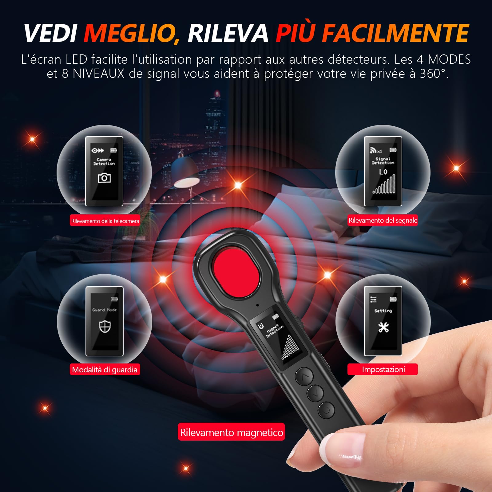 LONGYI Rilevatore di Cimici, Rilevatore microspie Professionale di Telecamere Nascoste e Telecamere Segrete, con Display LED HD, Fino a 10 ore di Autonomia, ideale per Hotel
