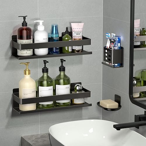 Miniatura 3 de Estante de ducha, estante de ducha, paquete de 4, estante de ducha de baño, resistente al óxido, instalación con adhesivo de aluminio, no requiere