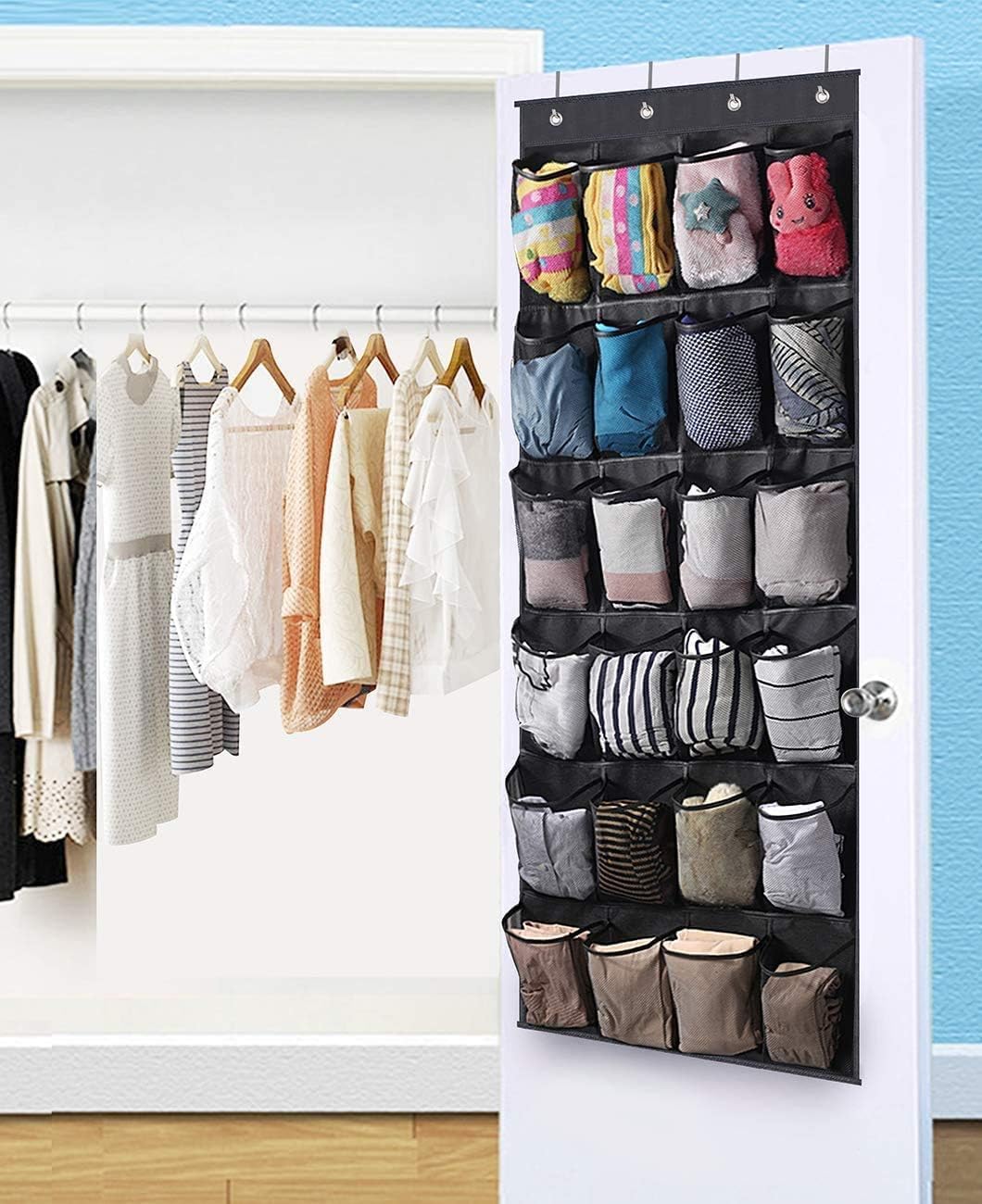 MISSLO Hanging Door Shoe Storage Organiser Door Tidy with 24 Large Mesh Pockets Shoe Rack Hanger (Black)