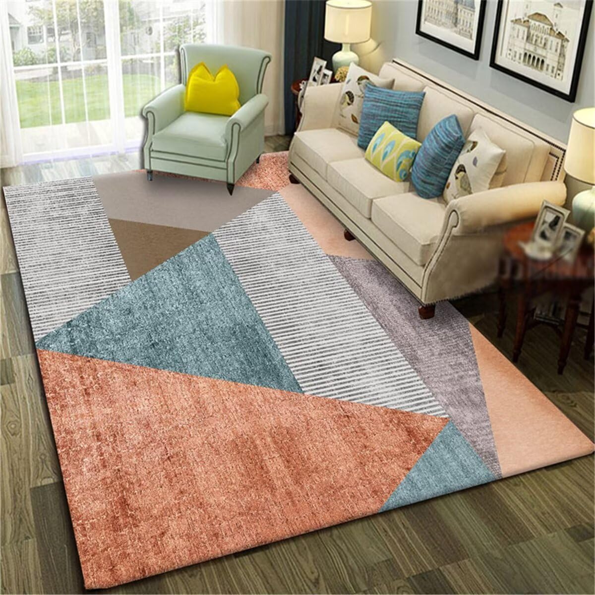 Tapis chambre enfant bleu orange géométrique grand tapis salon 160X230