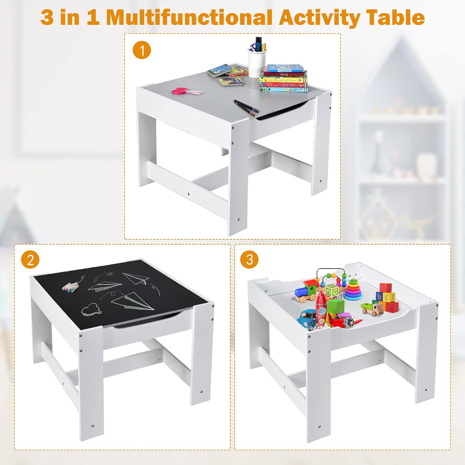 Olakids Kids Table and Chair Set, 3 in 1 Wood Children Desk Set with Removable Blackboard, Storage Drawer, Toddlers Activity Table Furniture for Art Crafts Drawing Reading Playroom (Gray)