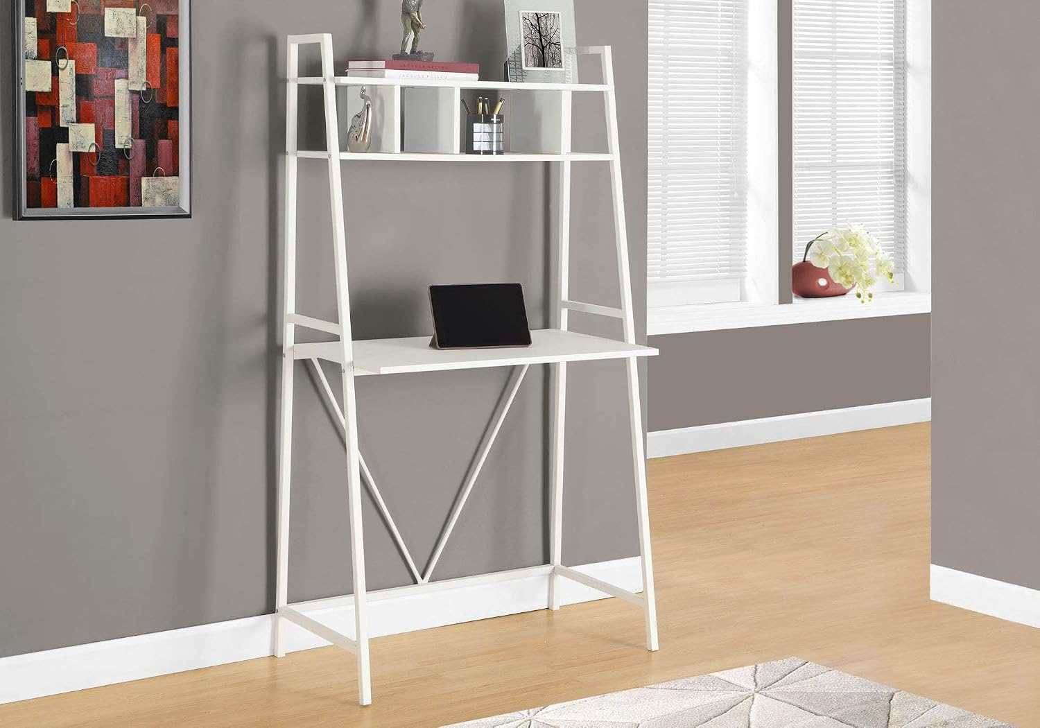 BOWERY HILL 32" Mid-Century Computer Desk, Engineered Wood/Metal Construction, White Finish, Compact Design with Storage Shelves, Ladder Style, Minimalist Workstation for Small Spaces
