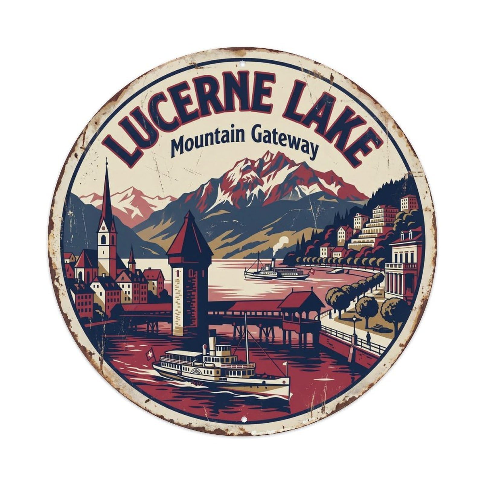 Vintage Travel Lucerne Mountain Gateway Metal Tin Sign Plaque Wall Decor for Cafe, Club Bar, Office, Home Garden Round Metal Poster 8x8Inch
