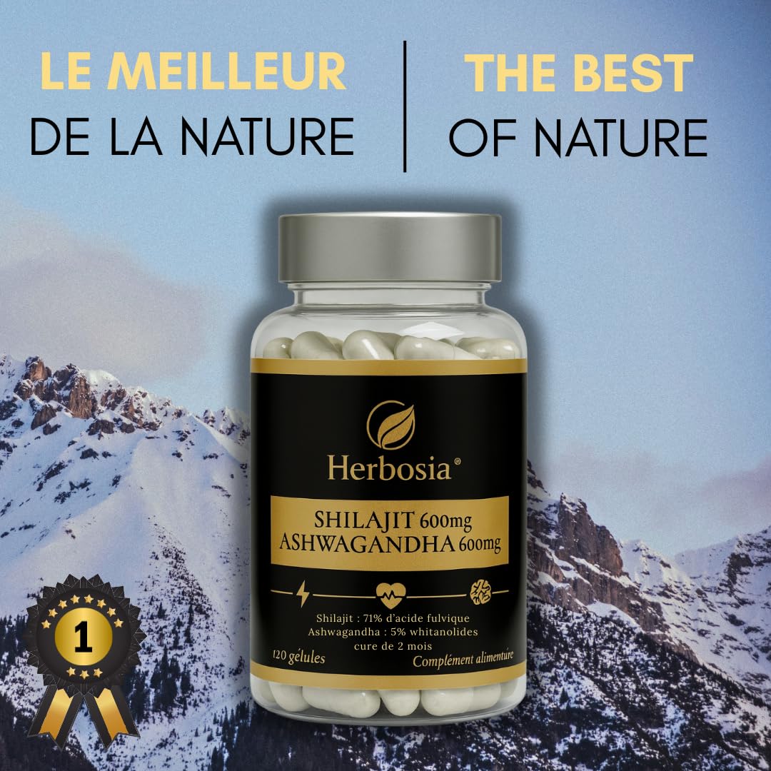 Shilajit 600 mg + Ashwagandha 600 mg – Complément Ayurvédique Origine Himalaya | 71% Acide Fulvique & Oligo-Éléments Naturels | Énergie, Vitalité & Anti-Stress | 120 Gélules