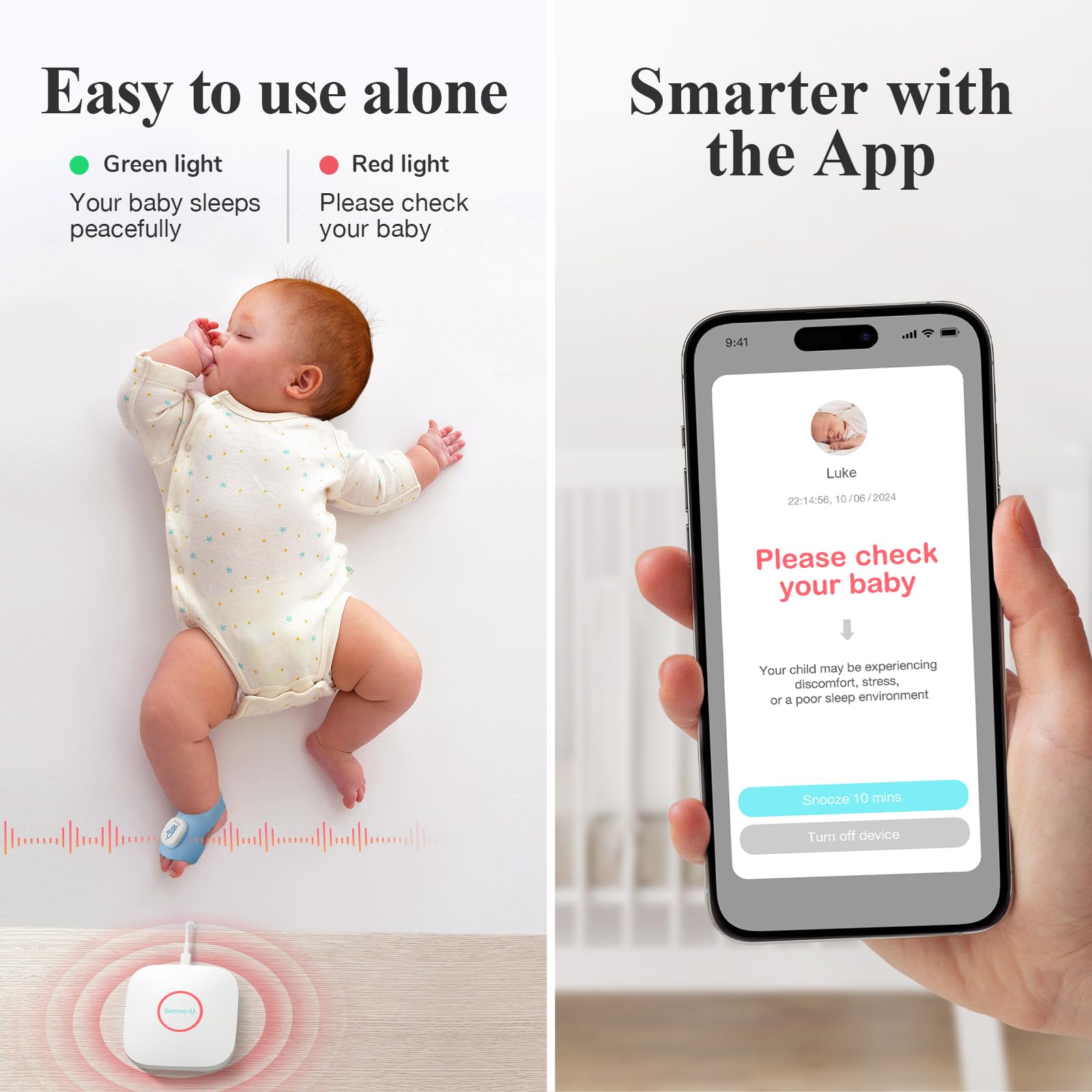Sense-U Smart Sock Shoe 2 Moniteur bébé longue portée avec station de base – Suivi de la fréquence cardiaque et du sommeil avec capteur de pied PPG transmissif, pour 1 à 18 mois