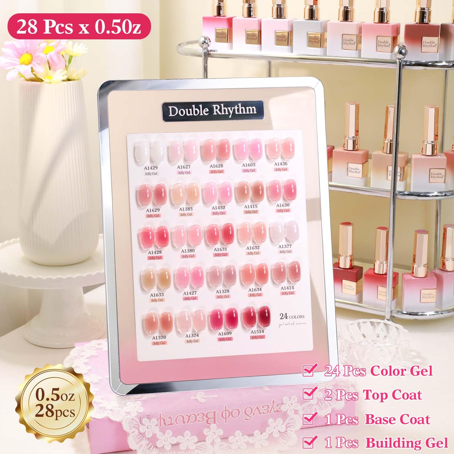 Double Rhythm Juego de esmaltes de uñas de gel, 28 piezas, mismo color y botella, juego de esmalte de uñas de gel extraíble para manicura y decoración de uñas en casa, ideal para mujeres (colección