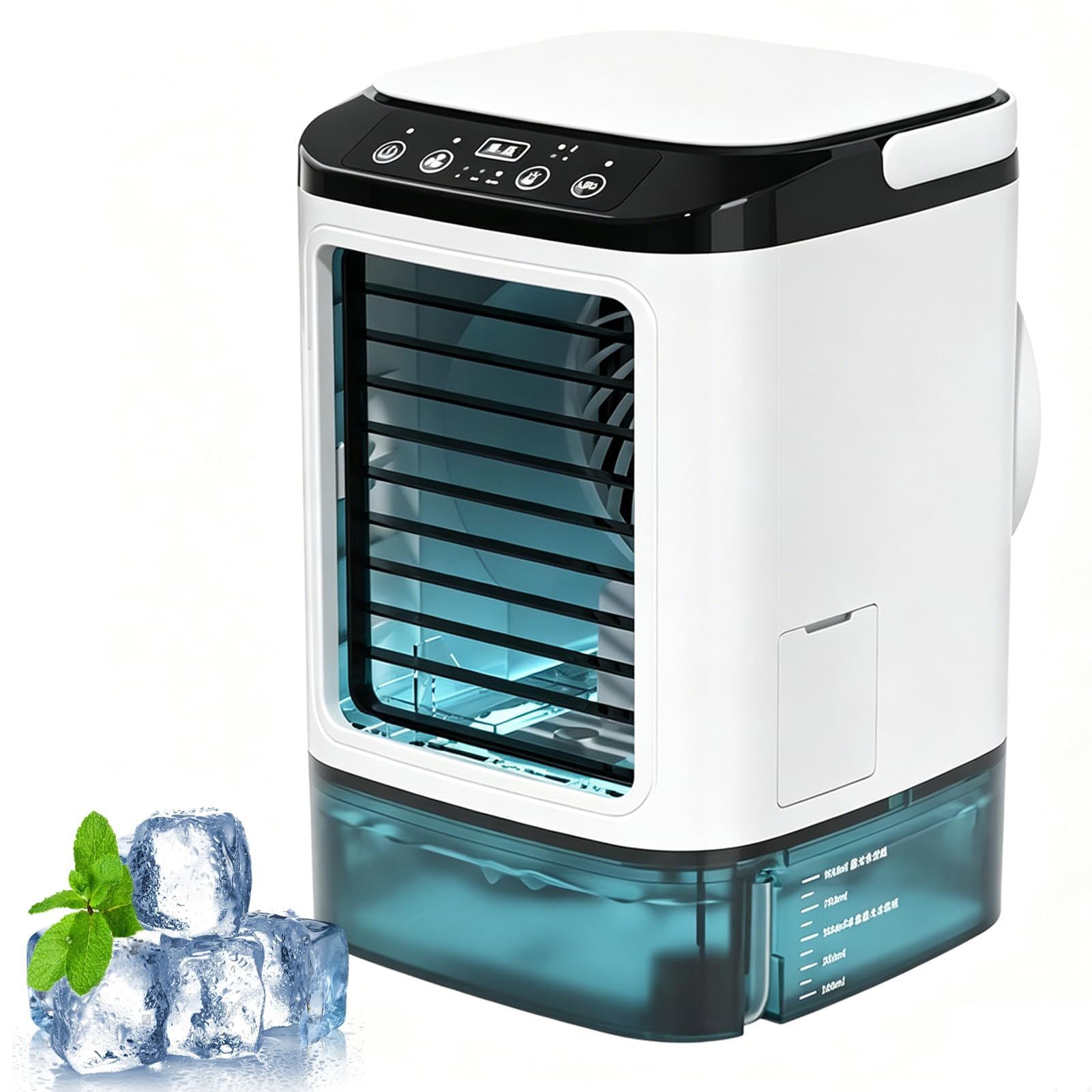 Raffrescatore d'aria evaporativo portatile, ventilatore 3 in 1 con serbatoio da 900 ml e contenitore per il ghiaccio, 3 velocità + modalità boost, luce notturna a 7 colori per casa, ufficio e campegg