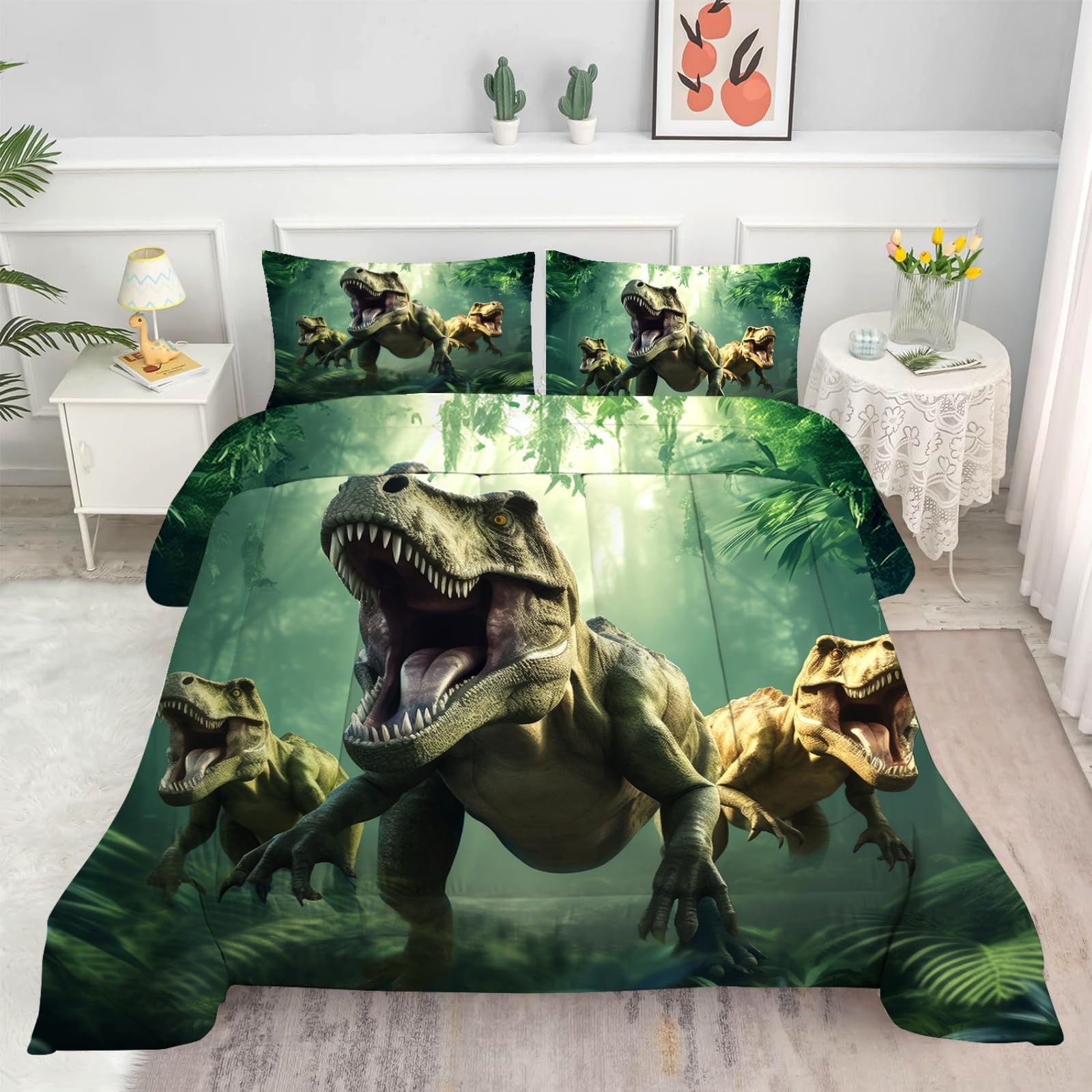VTKON Kids King Size Dinosaur Comforter Set for Boys 3 Pieces Soft Lightweight Dinosaur Bedding Set Bed in a Bag Breathable Boys Twin Comforter Set with 1 Comforter and 2 Pillowcases