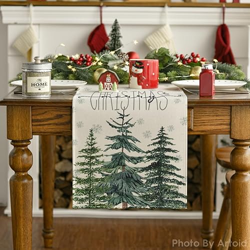 Miniatura 7 de Artoid Mode Camino de mesa de Navidad con copos de nieve de pino beige, decoración de mesa de comedor para decoración de fiesta del hogar, 13 x 48