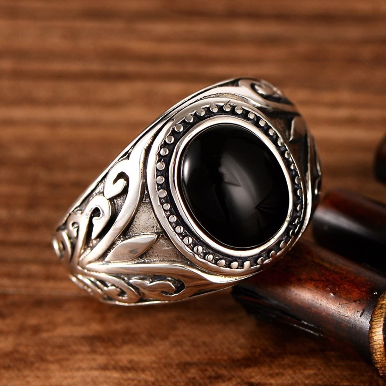 AMDXD Sterling 925 Silber Ringe, Antique Muster Ringe Silber Jungs für Herren, Biker Hip Hop Ring mit Achat Schwarz Oval Form, Silber, Echtschmuck