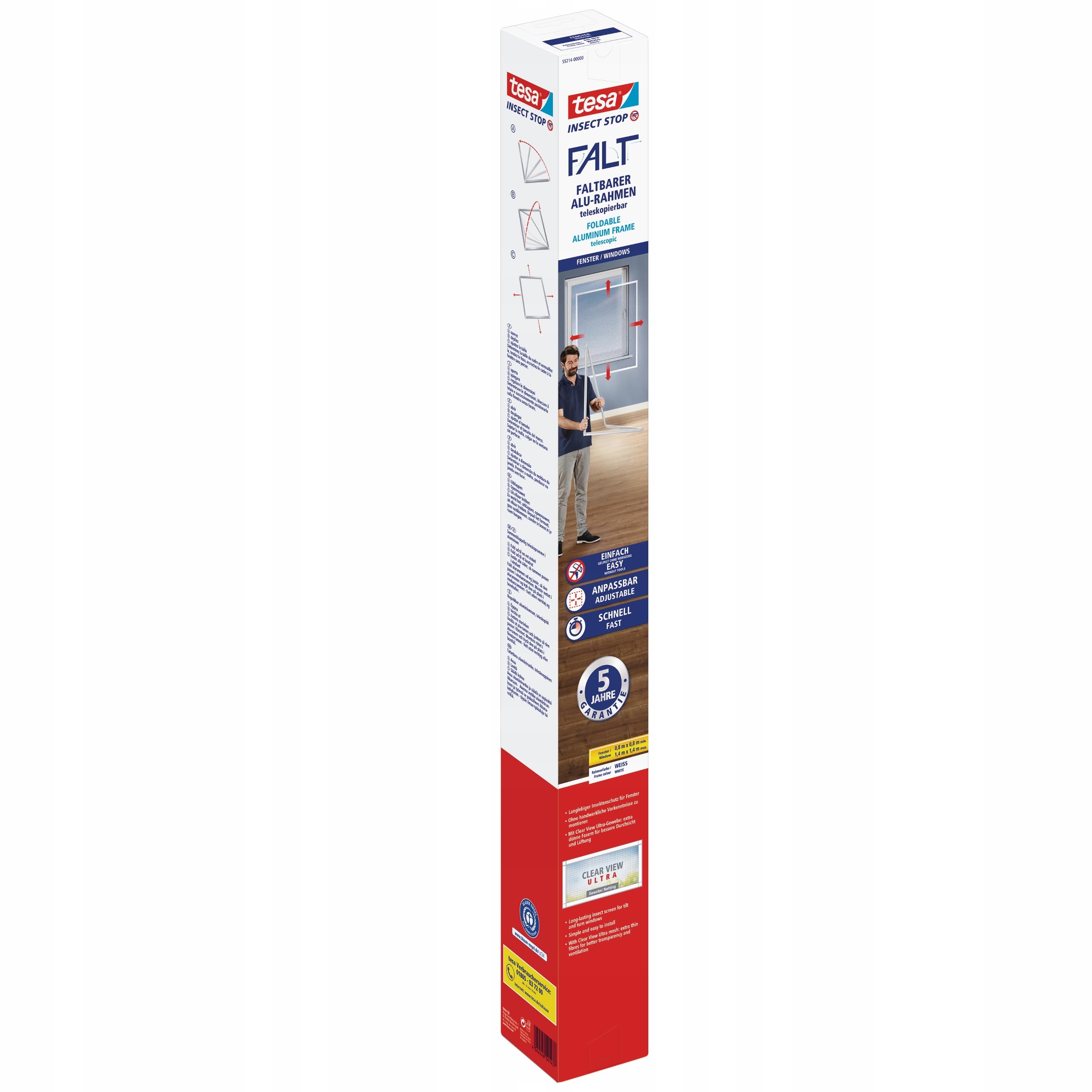 tesa Insect Stop FALT Fliegengitter Fenster - 80-140 cm - Weiß | Teleskopierbarer Premium Alu-Rahmen - Montage ohne Ausmessen, ohne Sägen, ohne Bohren - langlebig, reißfest, 5 Jahre Garantie