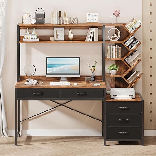 Miniatura 8 de Escritorio reversible para computadora con gabinete, escritorio de oficina en casa con cajones y estantería, escritorio de estudio de 52 pulgadas