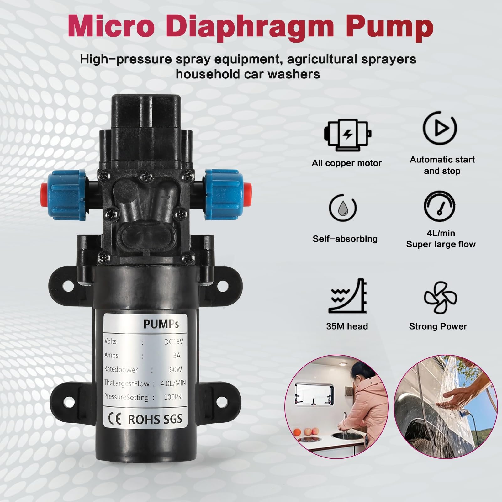 Jadeshay Pompe à diaphragme DC 60W Pompe Auto-amorçante Haute Pression 100PSI 4L / Min Micro Pompe à Eau Commutateur Automatique for Lavage de Voiture Pulvérisateur d'eau de Jardin (Size : 18V)
