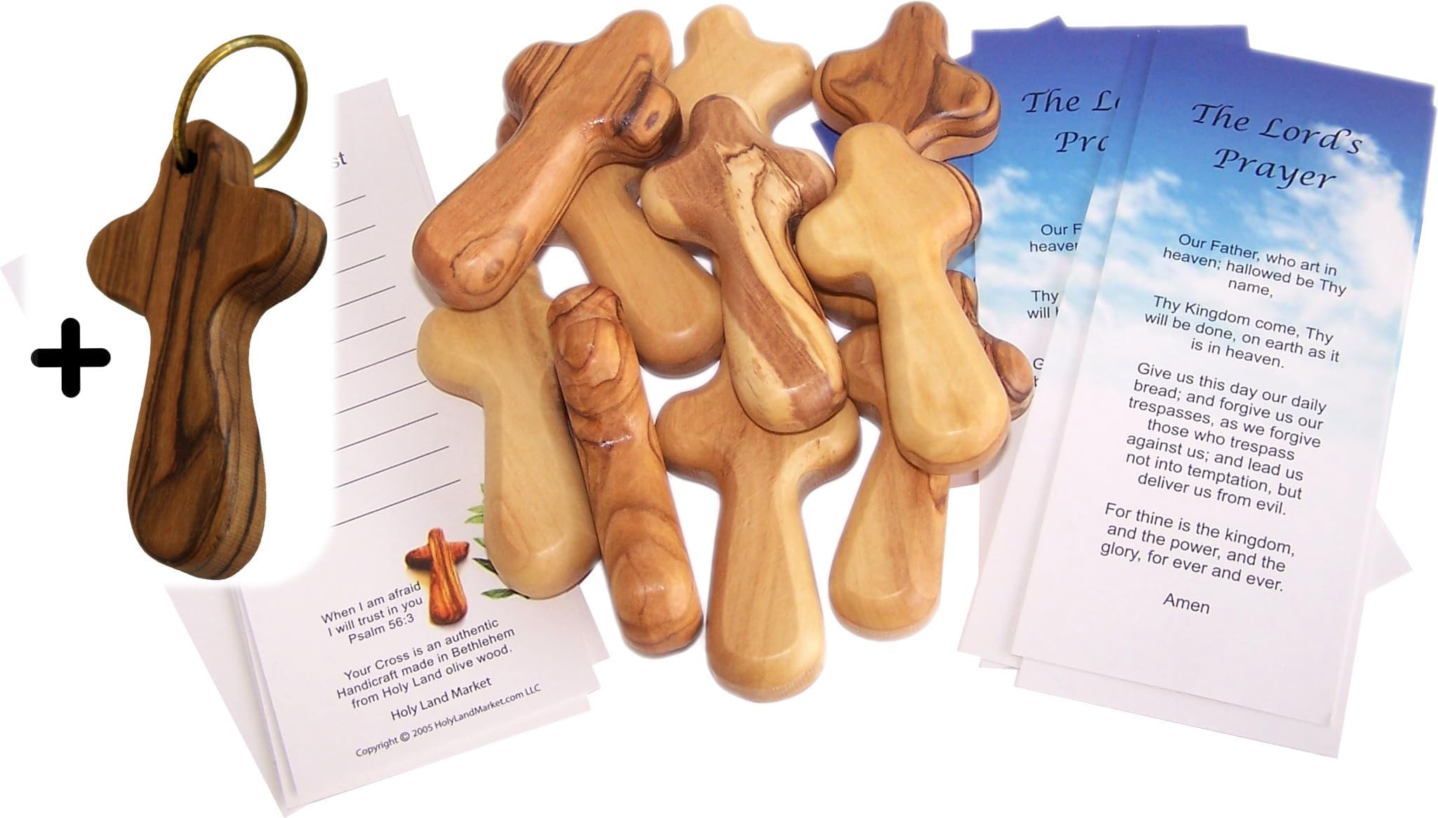 Holy Land Market Olive Wood Pocket Crosses 2.75 Inches - 10 Small Wooden Crosses & 1 Keychain