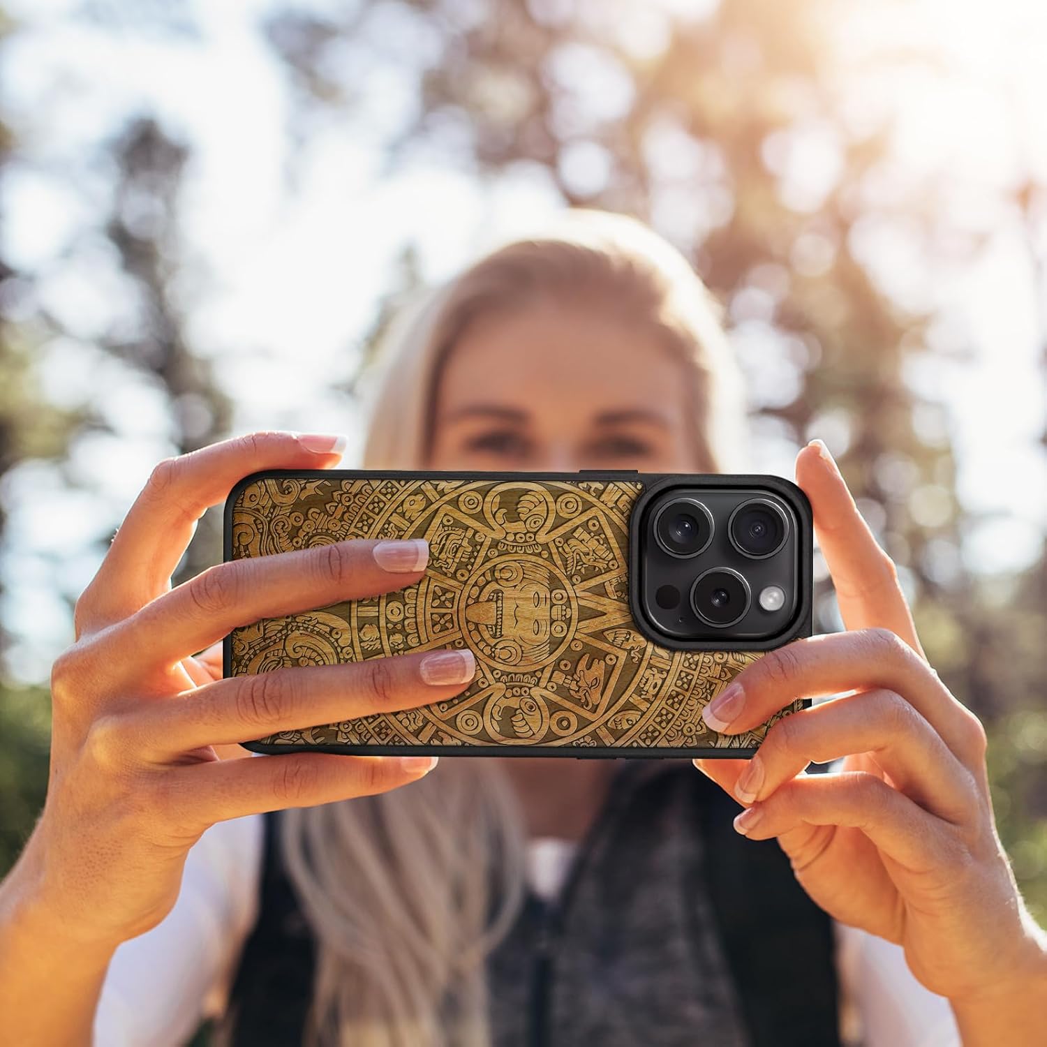Carveit Magnetic Wooden Case for iPhone 16 Pro Case, Wood Artisan Engraved & Black Soft TPU Shockproof Cover, Compatible with MagSafe Wireless Chargers (The Maya Calendar) Cherry