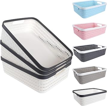 CertBuy 3 Pack Plastic Storage Baskets 14 x 10 x 4.5 Inch, Large Weave Storage Bins with Handle for Cabinet, Shelf, Kitchen, Bedroom, Bathroom and office White